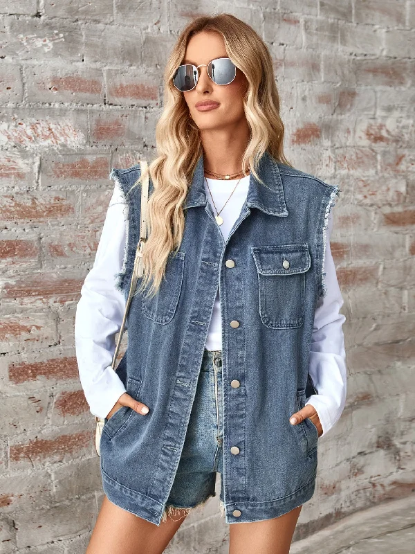 Raw Hem Sleeveless Button Up Denim Jacket Jacket Blazer Coat