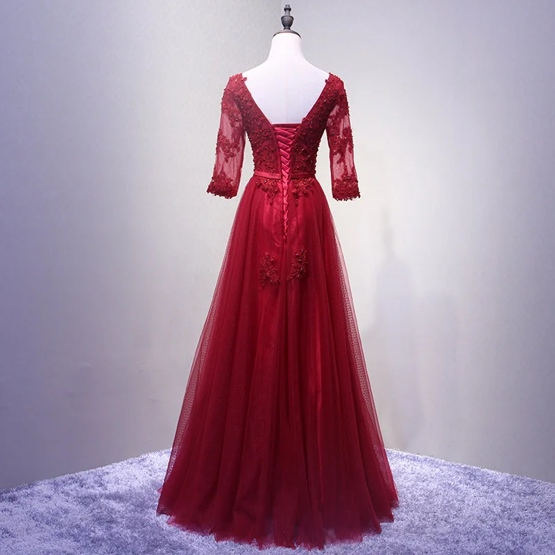 Charming Wine Red Short Sleeves Lace Applique Wedding Party Dress, Formal Gown Tunics Fashionable trendy Charming Wine Red Short Sleeves Lace Applique Wedding Party Dress, Formal Gown Tunics Fashionable trendy