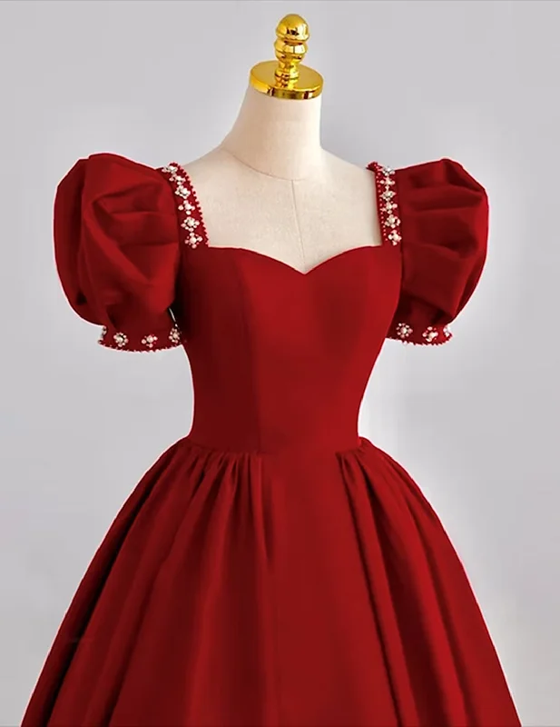 Dark Red Beaded Short Sleeves Tea Length Party Dress, Dark Red Formal Dress Prom Dress High-Low Hemline Casual Dark Red Beaded Short Sleeves Tea Length Party Dress, Dark Red Formal Dress Prom Dress High-Low Hemline Casual