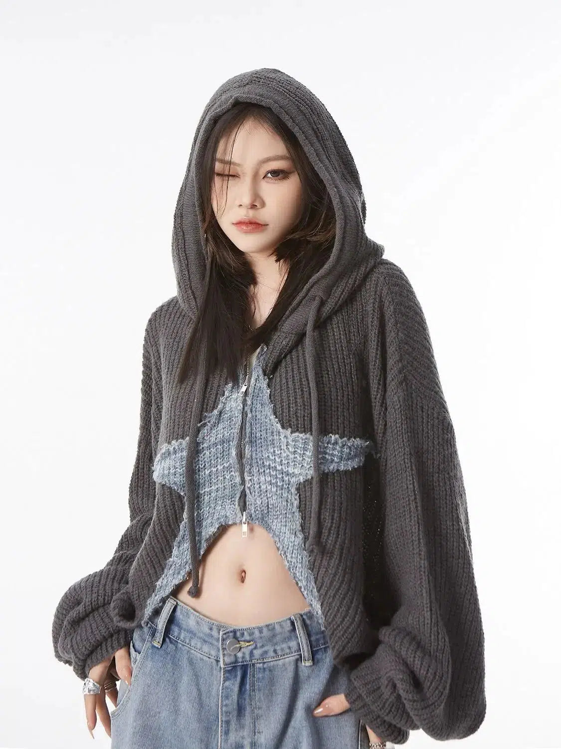 Y2K Star Hooded Cardigan Chenille Brocade Lace