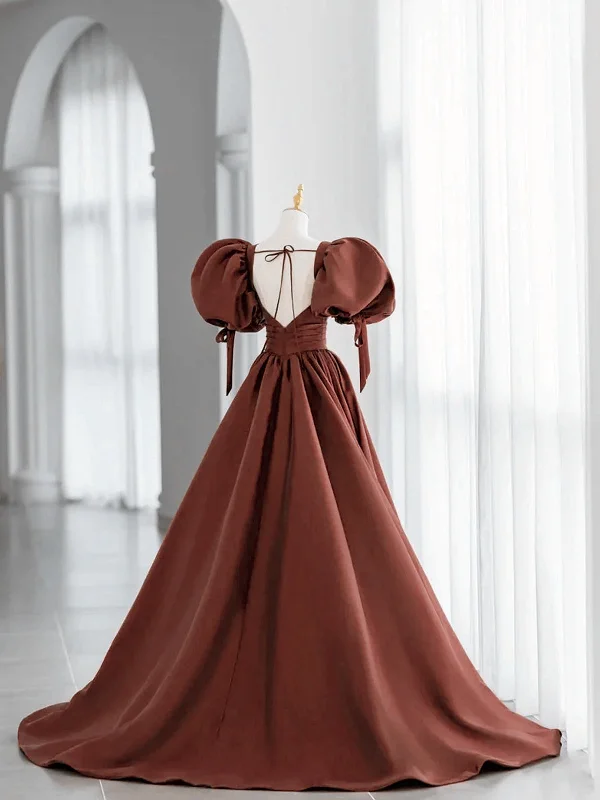 Brown Satin Short Sleeves Long Party Dress, Brown V-neckline Prom Dress Chiffon Maxi Beach Brown Satin Short Sleeves Long Party Dress, Brown V-neckline Prom Dress Chiffon Maxi Beach