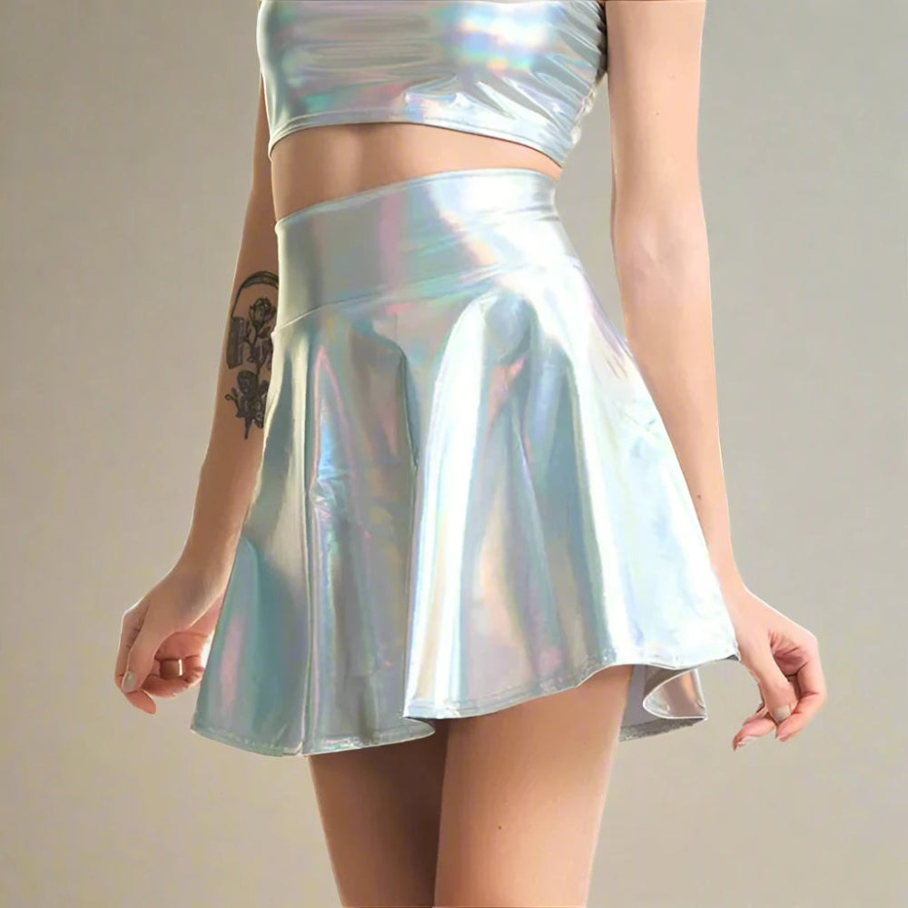 Women Raver Holographic PU Mini Skirt - High Waist A-Line Flare Skirt tiered skirt playful