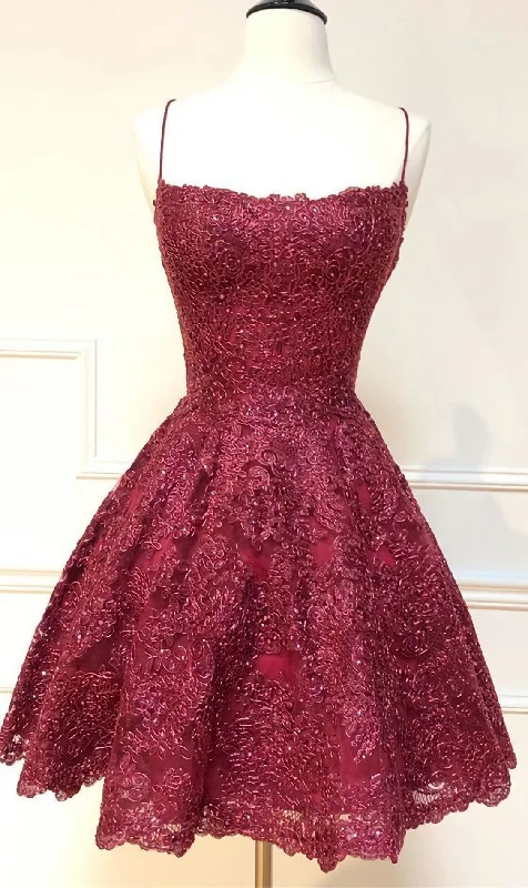 Formal Short Homecoming Dresses, Spaghetti Straps Cocktail Party Dresses, Burgundy Lace Homecoming Dresses, 2476 Crew Neckline Sporty Formal Short Homecoming Dresses, Spaghetti Straps Cocktail Party Dresses, Burgundy Lace Homecoming Dresses, 2476 Crew Neckline Sporty