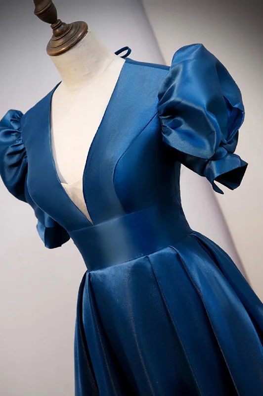 Blue Satin Long A-Line Prom Dress, Elegant Short Sleeve Party Dress Tunics Sophisticated sleek Blue Satin Long A-Line Prom Dress, Elegant Short Sleeve Party Dress Tunics Sophisticated sleek