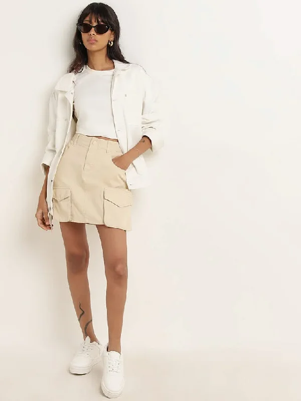 Nuon Beige Cotton Cargo A-Line Skirt wool skirt sturdy