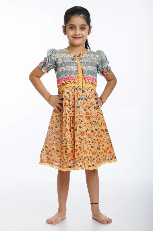 Bohemian Blossom: Girls Cotton Frock with Cozy Chic Jacket Front Pockets Side Pockets Patch Pockets Bohemian Blossom: Girls Cotton Frock with Cozy Chic Jacket Front Pockets Side Pockets Patch Pockets