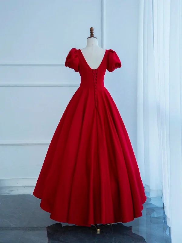Dark Red Satin Long Prom Dress, A-Line Short Sleeve Evening Party Dress Tunics Essential wardrobe Dark Red Satin Long Prom Dress, A-Line Short Sleeve Evening Party Dress Tunics Essential wardrobe