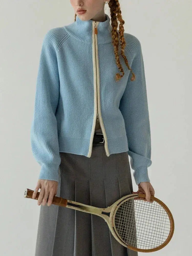 Ribbed Double Zip-Up Cardigan Crew Neck V-Neck Turtle Neck