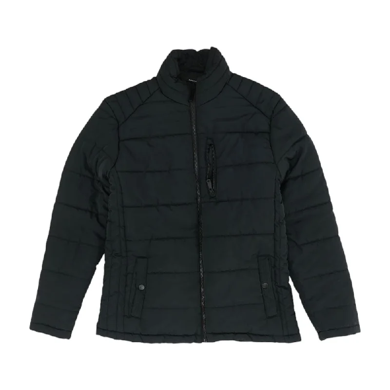 Black Solid Puffer Jacket A-Line Jacket Boat Neck Shawl Collar