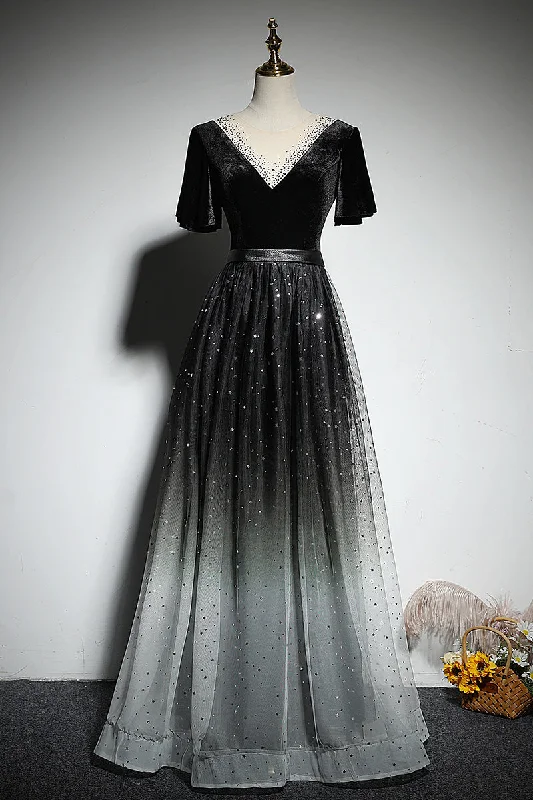 Black Gradient tulle and Velvet Short Sleeves V-neckline Tulle Party Dress, Black Tulle Prom Dress Tunics Handmade artisanal Black Gradient tulle and Velvet Short Sleeves V-neckline Tulle Party Dress, Black Tulle Prom Dress Tunics Handmade artisanal