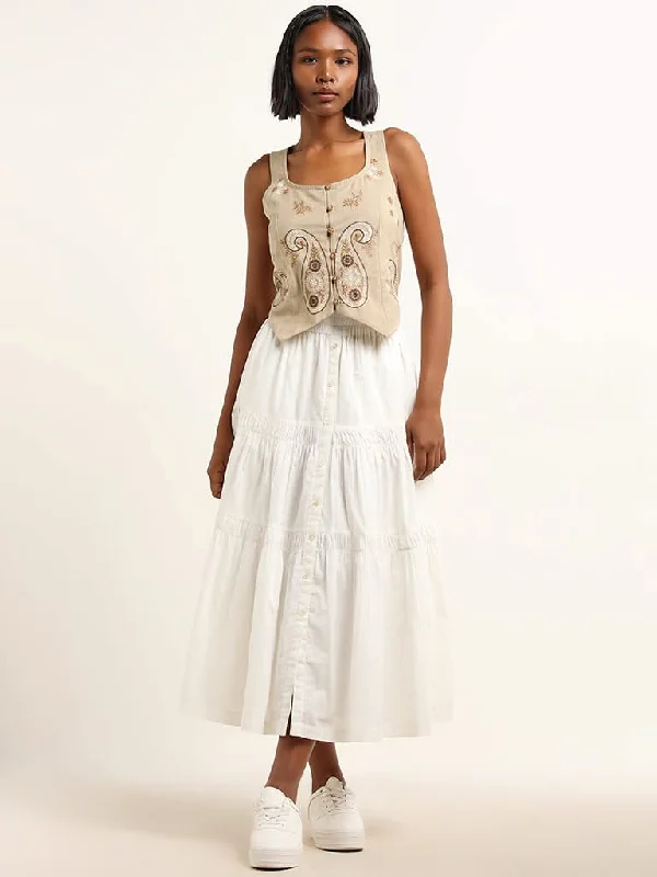 Bombay Paisley White Tiered Mid Rise Cotton Skirt denim skirt stylish