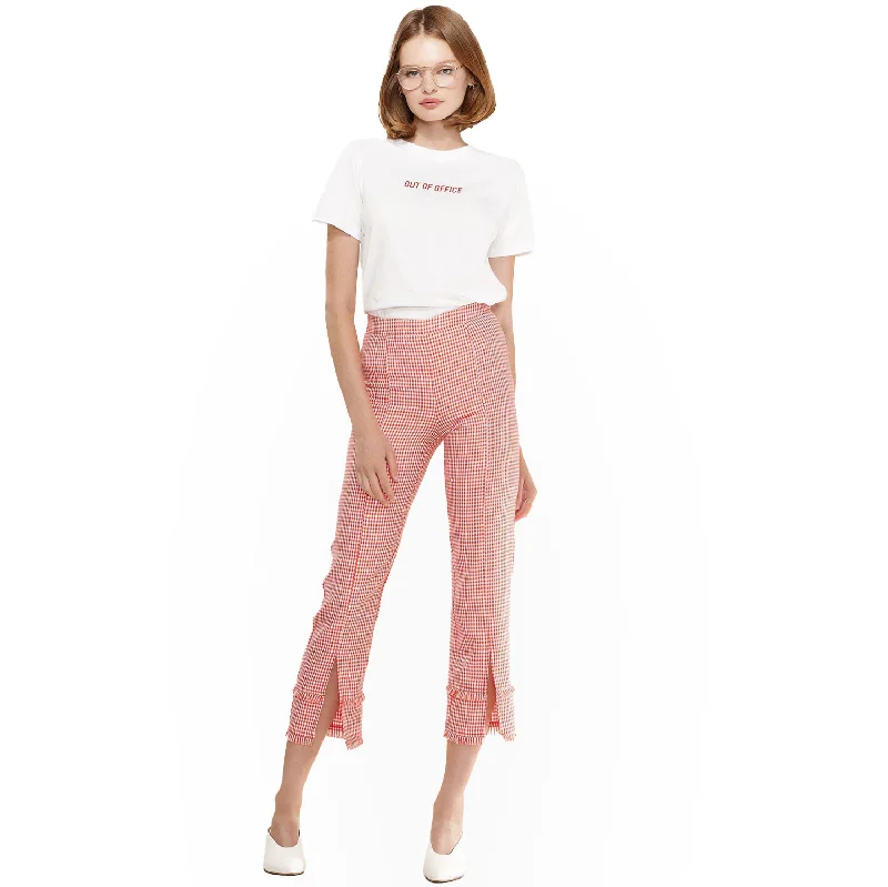 Women's Fringe Trim Slit Hem Gingham Pants in Red Gingham Stretch Fit Pants