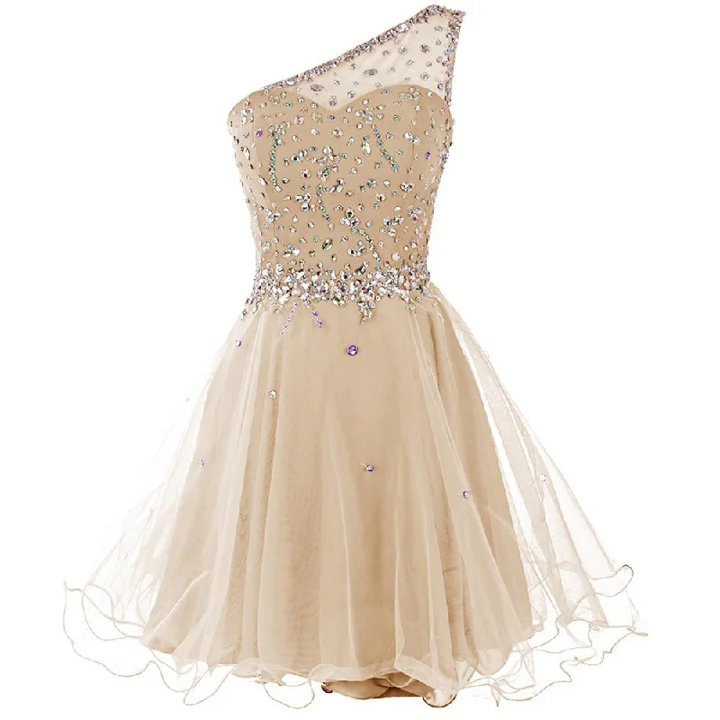 Light Champagne Beaded One Shoulder Chic Homecoming Dresses, Short Party Dress Prom Dresses Boatneck Modish Everyday Light Champagne Beaded One Shoulder Chic Homecoming Dresses, Short Party Dress Prom Dresses Boatneck Modish Everyday