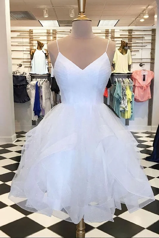 White Tulle Layered V Neck Short Homecoming Dress, White A Line Party Dress Lace Sexy Club White Tulle Layered V Neck Short Homecoming Dress, White A Line Party Dress Lace Sexy Club