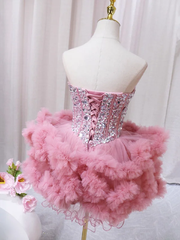 Pink Sweetheart Neckline Tulle Short Prom Dress with Rhinestones, Cute Party Dress Tunics Brand named Pink Sweetheart Neckline Tulle Short Prom Dress with Rhinestones, Cute Party Dress Tunics Brand named