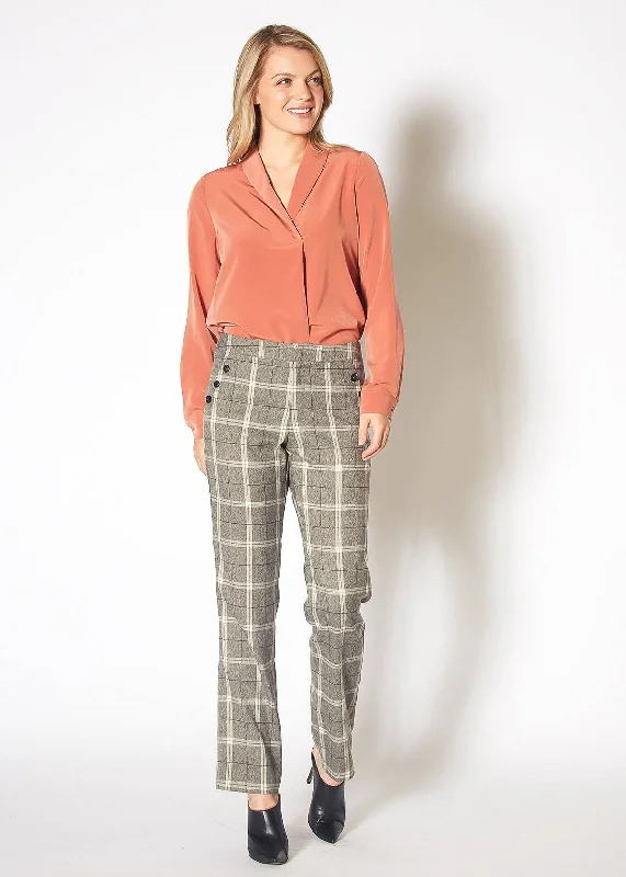 Pleione Women's Suiting Straight Pants in Mocha Plaid Stylish Paperbag Waist Pants