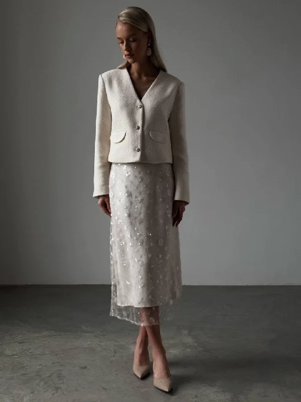 White Embroidered Midi Skirt satin skirt smooth