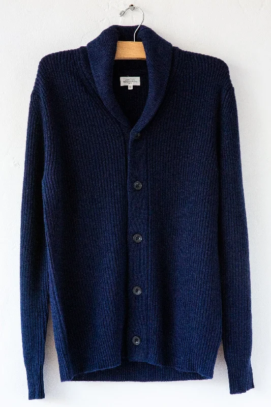 Rib Cardigan Navy Real Fur Shearling Chenille