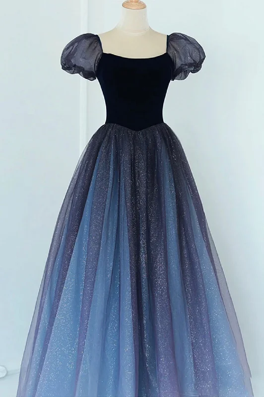 A-Line Velvet Tulle Long Prom Dress, Cute Short Sleeve Evening Party Dress Tunics Designer luxury A-Line Velvet Tulle Long Prom Dress, Cute Short Sleeve Evening Party Dress Tunics Designer luxury