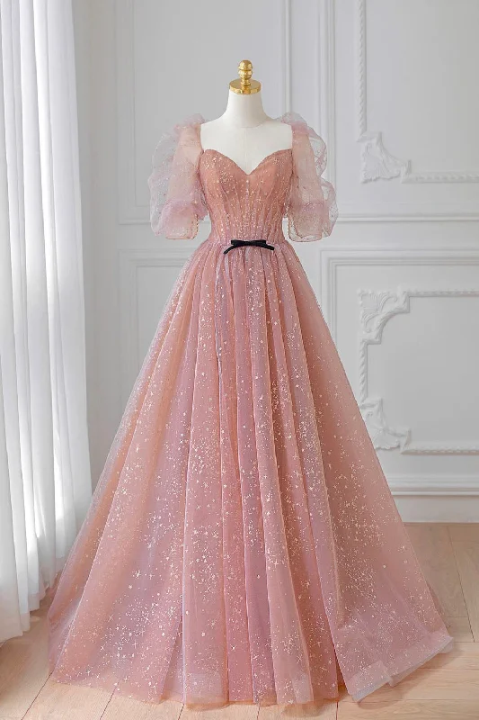 Pink Tulle Floor Length Prom Dress, Lovely Short Sleeve Graduation Party Dress Tunics Designer luxury Pink Tulle Floor Length Prom Dress, Lovely Short Sleeve Graduation Party Dress Tunics Designer luxury