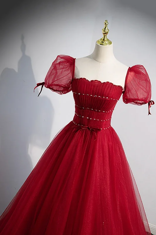 Red Tulle Floor Length Evening Party Dress, Red Short Sleeve Graduation Dress Tunics Modern contemporary Red Tulle Floor Length Evening Party Dress, Red Short Sleeve Graduation Dress Tunics Modern contemporary