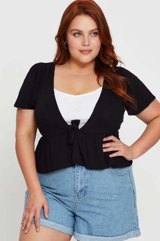 Black Cardigan Short Sleeve Jersey Tie Up Fleece Cardigan Nylon Polyester