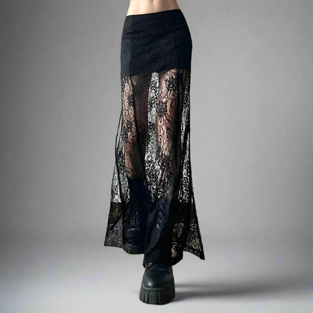 Gothic Style Lace Patchwork Long Maxi Skirt cashmere skirt rich