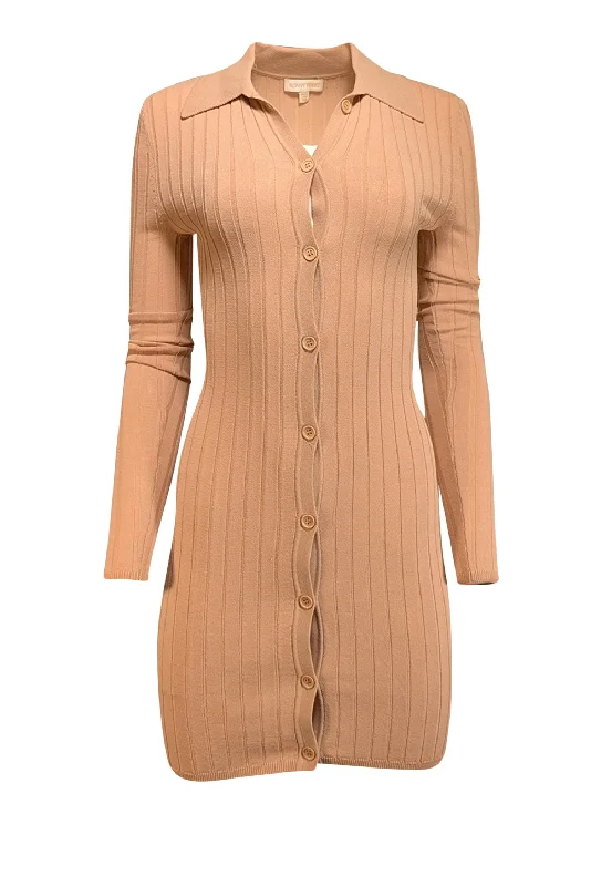 Ronny Kobo - Sand Beige Ribbed Knit Cardigan Dress Sz XS Thin Thick Dense