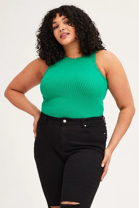 Green Crew Neck Rib Tank Top strappy tank top