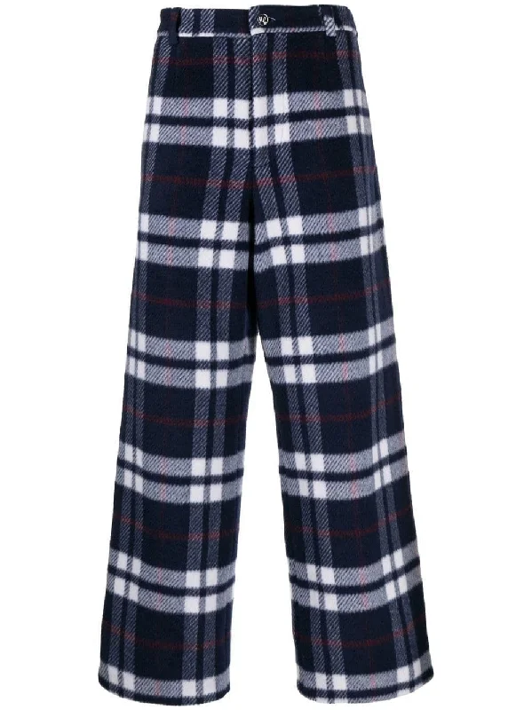 NATASHA WOOL CHECK WIDE PANTS BLU WHT Fashionable Button-Up Pants