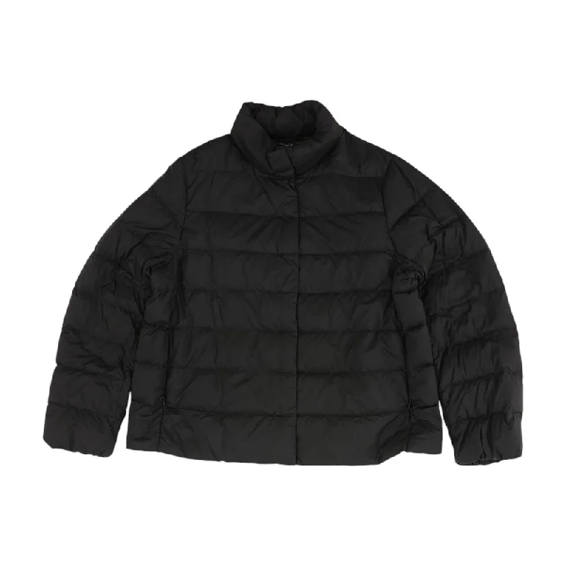 Black Solid Puffer Jacket Stand-Up Collar Roll-Neck Collar Turtle Neck