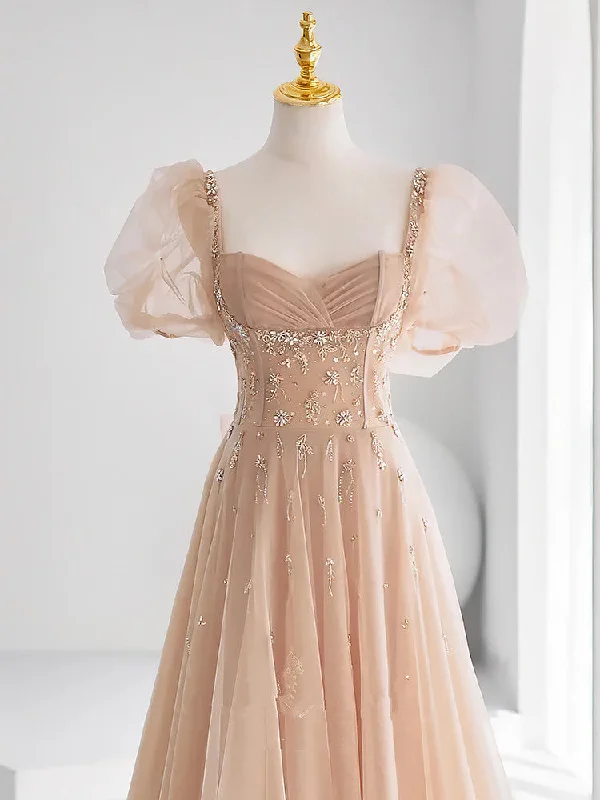 Chamapgne Beaded Short Sleeves Tulle A-line Prom Dress, Champagne Party Dress Tunics Plaid country Chamapgne Beaded Short Sleeves Tulle A-line Prom Dress, Champagne Party Dress Tunics Plaid country