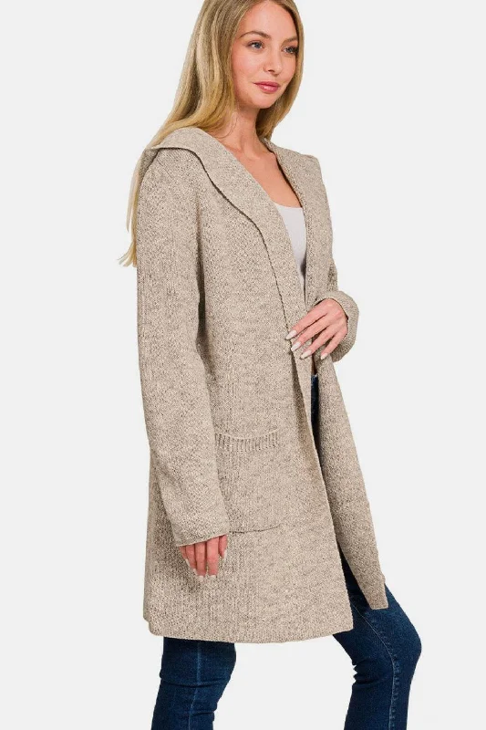 Zenana Hooded Open Front Sweater Cardigan Terry Terry Cloth Terry Knit