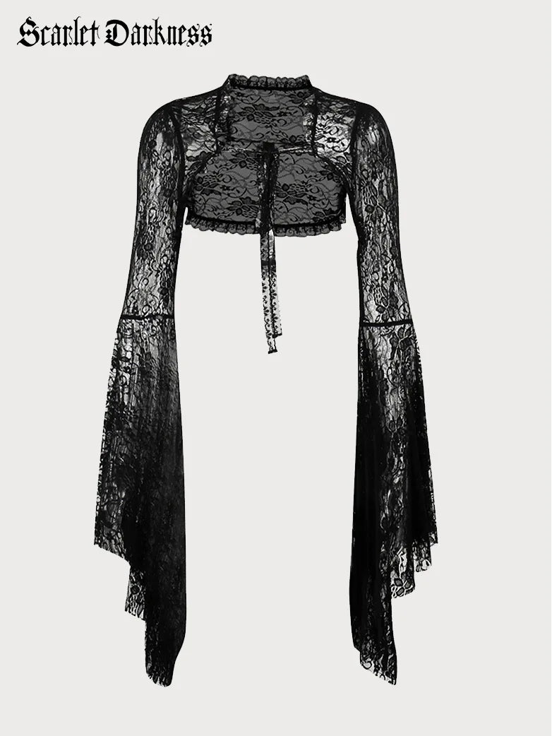 Women Goth Bell Sleeves Lace Cardigan Solid Color Striped Floral Print
