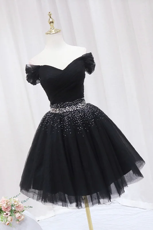 Black Tulle Beaded Short Prom Dress, Off Shoulder Evening Party Dress empire Waist empire Black Tulle Beaded Short Prom Dress, Off Shoulder Evening Party Dress empire Waist empire