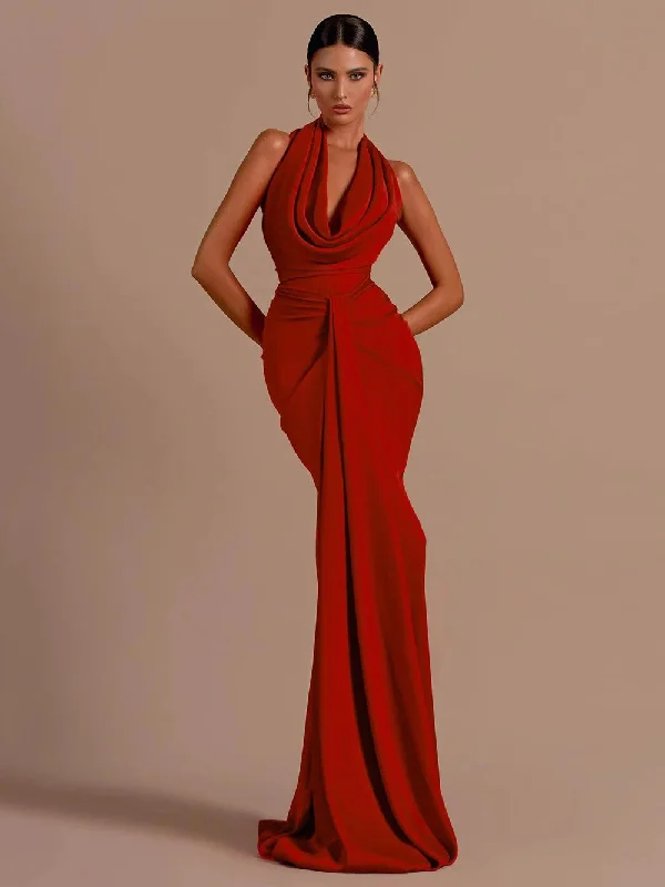 Red Backless Halter V-Neck Maxi Bodycon Christmas Party Dress Tunics Solid Classic
