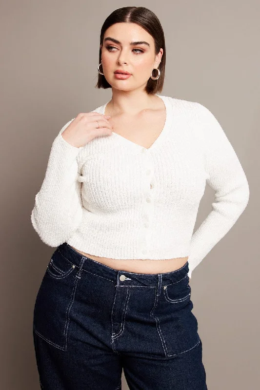 White Knit Cardigan Long Sleeve V-neck Terry Terry Cloth Terry Knit