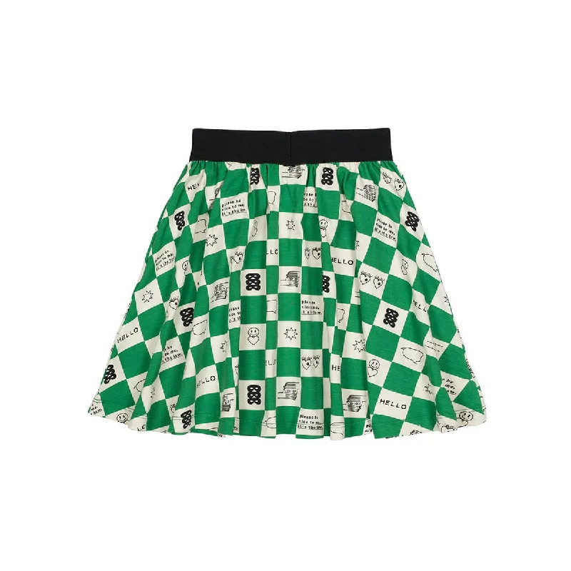 Comic Book Check Circle Skirt in True Green by Beau Loves asymmetrical skirt cut