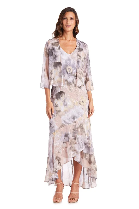 R&M Richards 7736 High Low Printed Jacket Dress Boat Neck Shawl Collar Notched Collar R&M Richards 7736 High Low Printed Jacket Dress Boat Neck Shawl Collar Notched Collar