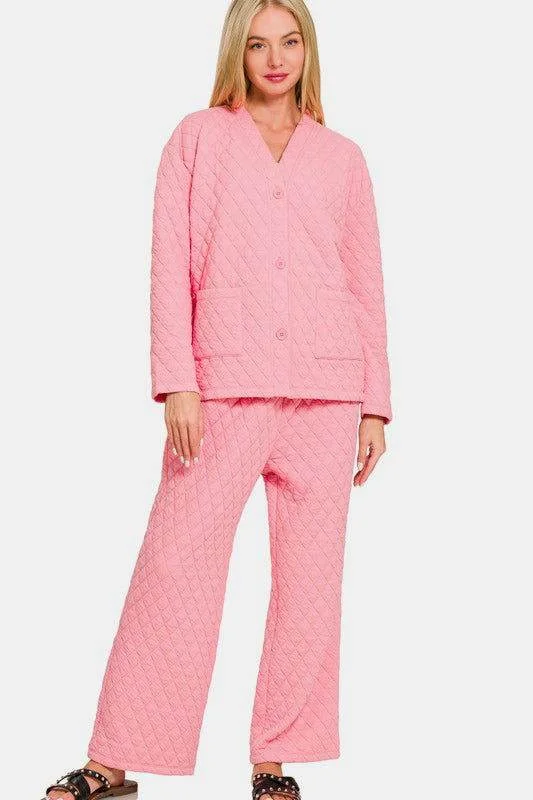 Zenana Quilted Button Up Long Sleeve Top and Pants Lounge Set In Pink Chic Wool Trousers Zenana Quilted Button Up Long Sleeve Top and Pants Lounge Set In Pink Chic Wool Trousers