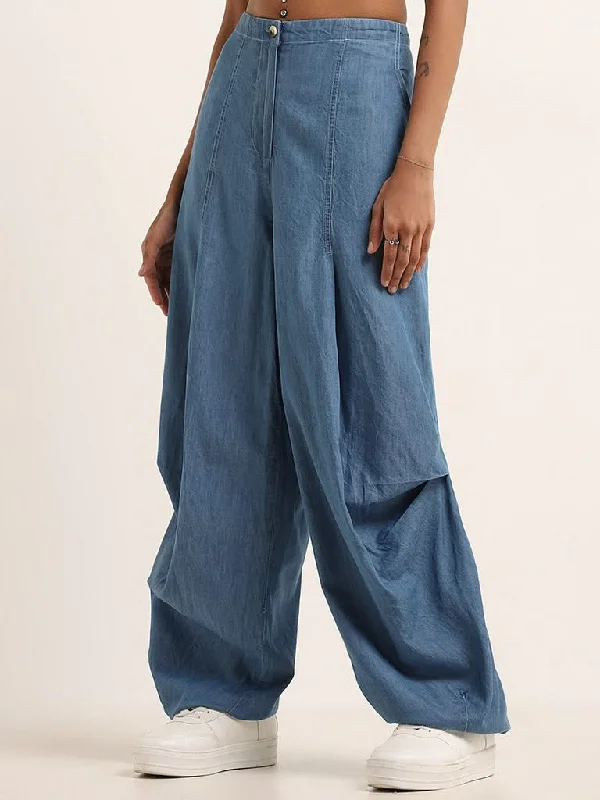 Bombay Paisley Blue Baggy High-Rise Pants Stylish Paperbag Waist Pants