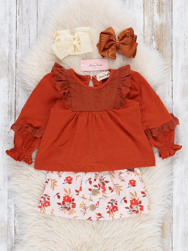 Rust Floral Ruffle Outfit w/ Skirt midi skirt versatile