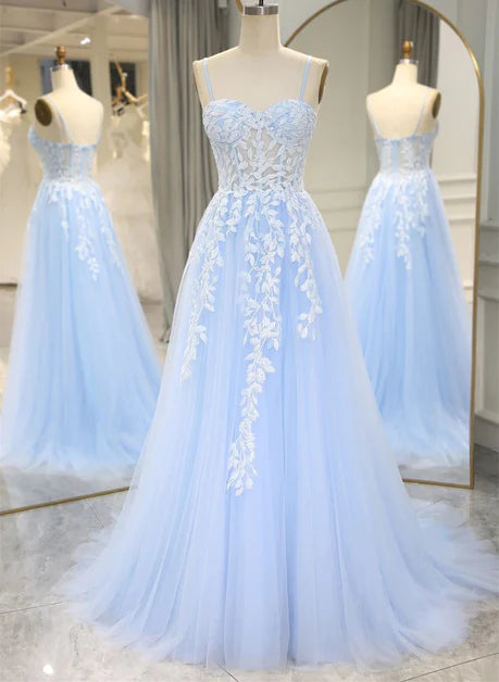 Sweet light blue sheer A-line shoulder strap dance dress with lace party dress, light blue off shoulder and floor length style evening dress Crew Neckline Casual Sweet light blue sheer A-line shoulder strap dance dress with lace party dress, light blue off shoulder and floor length style evening dress Crew Neckline Casual