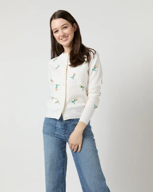 Rosie Embroidered Cardigan in Ivory Multi Cotton/Silk Zippered Buttoned Snapped