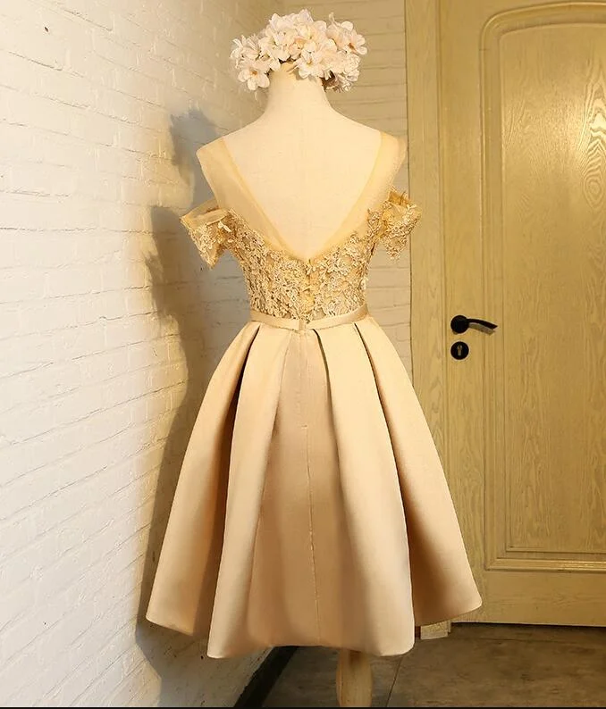 Golden Satin Lace Off Shoulder Short Homecoming Dresses, Knee Length Party Dresses Satin Halter Glamorous Golden Satin Lace Off Shoulder Short Homecoming Dresses, Knee Length Party Dresses Satin Halter Glamorous