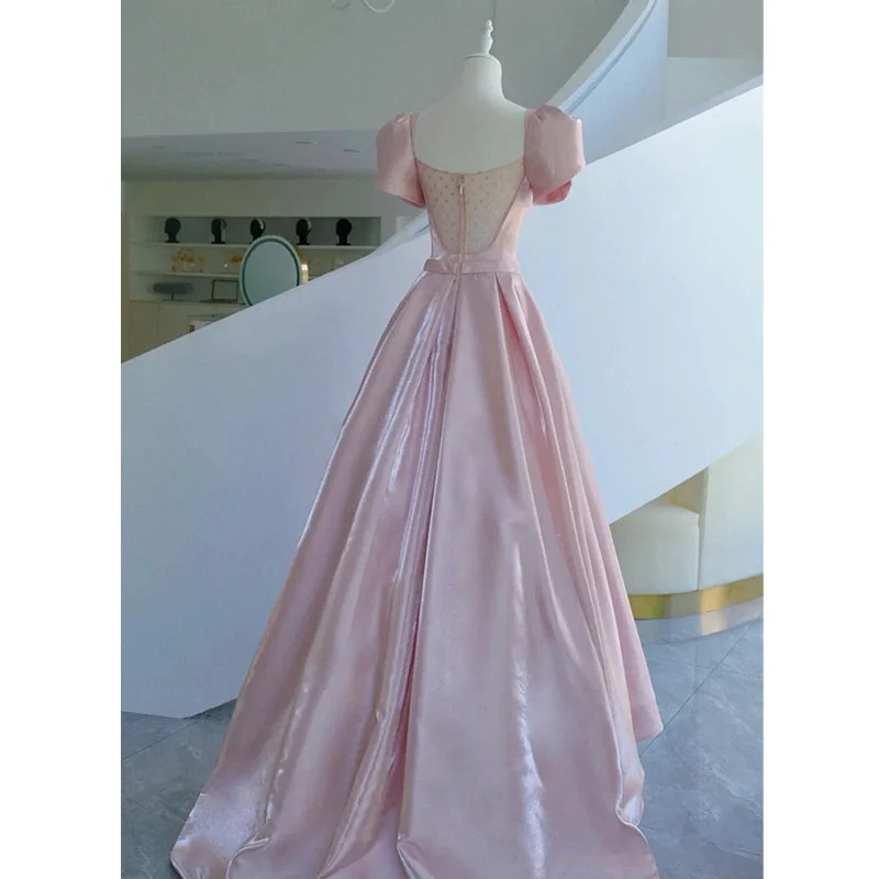 Pink Satin Long Short Sleeves Prom Dress Party Dress, Pink Formal Dress Wedding Party Dress Tunics Seasonal trendy Pink Satin Long Short Sleeves Prom Dress Party Dress, Pink Formal Dress Wedding Party Dress Tunics Seasonal trendy