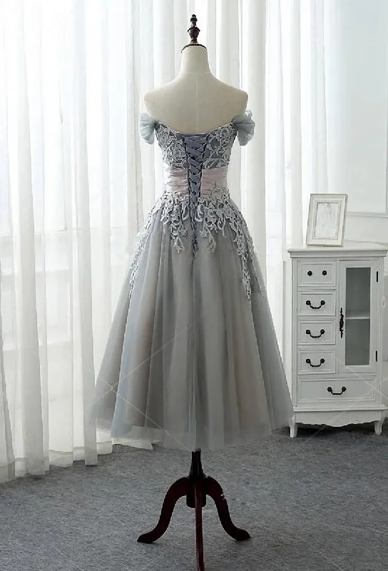 Charming Off-the-shoulder Homecoming Dress, Short A-line Tulle Gray Party Dress Tunics Modern contemporary