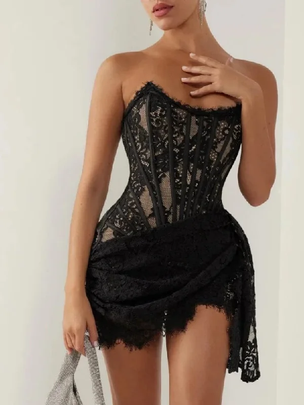 Strapless Lace Corset Mini Dress - Sleeveless Bodycon Christmas Party Dress Crew Neckline Sporty Strapless Lace Corset Mini Dress - Sleeveless Bodycon Christmas Party Dress Crew Neckline Sporty