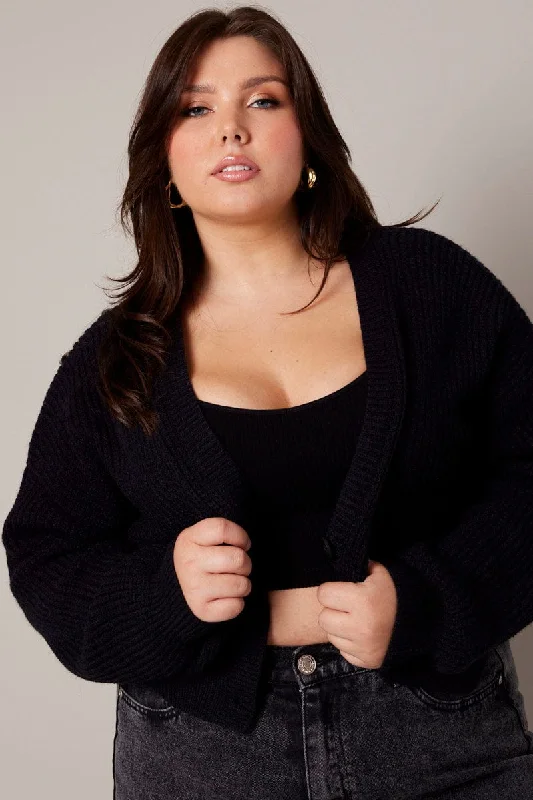 Black Knit Cardigan Long Sleeve V-neck Button Up Stylish Fashionable Trendy