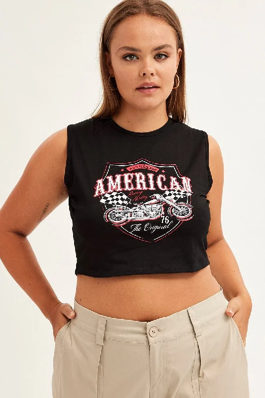 Black Print Tank Top American Graphic Sleeveless Jersey chic tank top